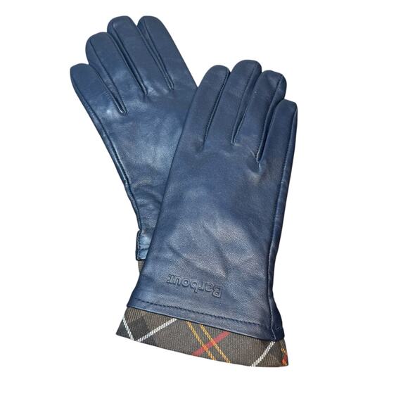 Barbour Navy Tartan Trimmed Leather Gloves Small - Picture 1 of 6